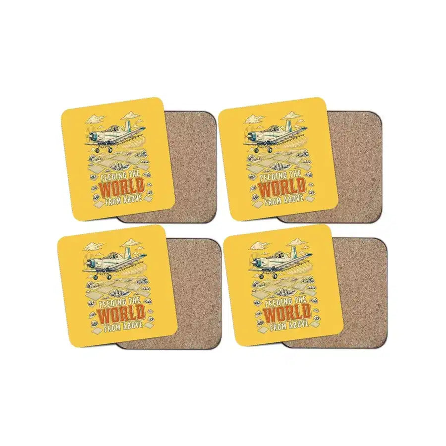 Feeding The World From Above design on yellow 4 pieces set coaster