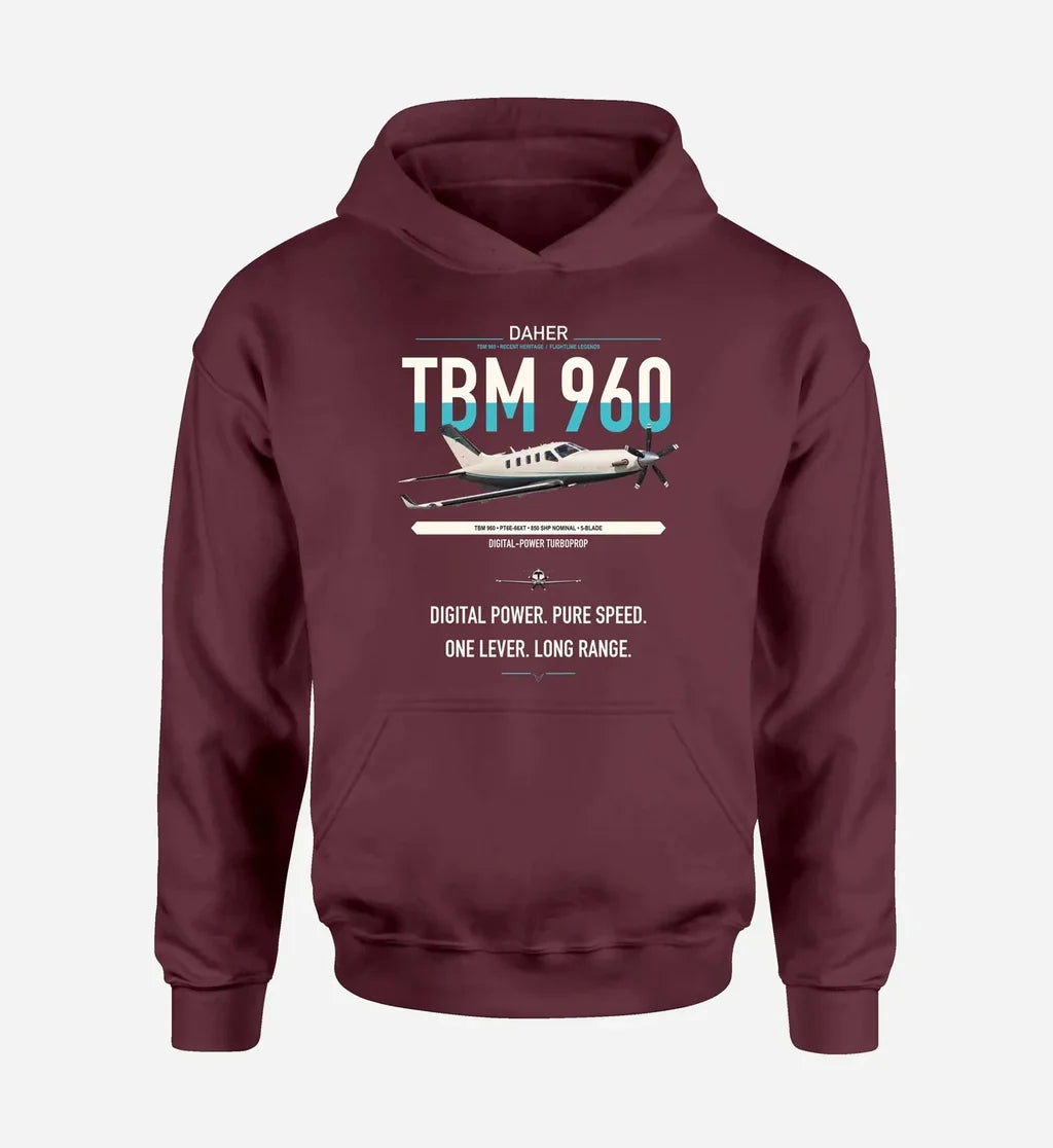 Daher TBM 960 design on dark red double-side hoodie, single-side print