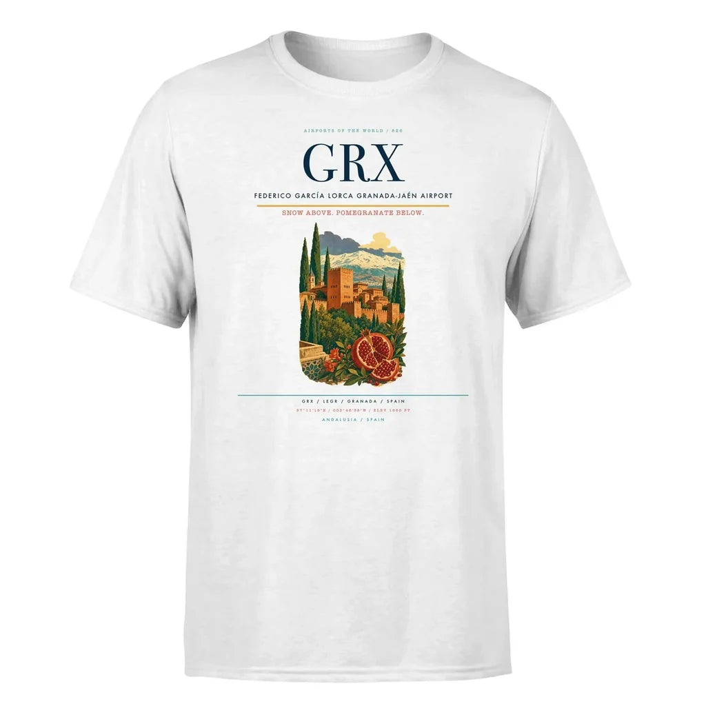 Federico García Lorca Granada-Jaén Airport (GRX) T-Shirt single-side front print in White | federico-garcía-lorca-granada-jaén-airport-grx-double-side-t-shirt