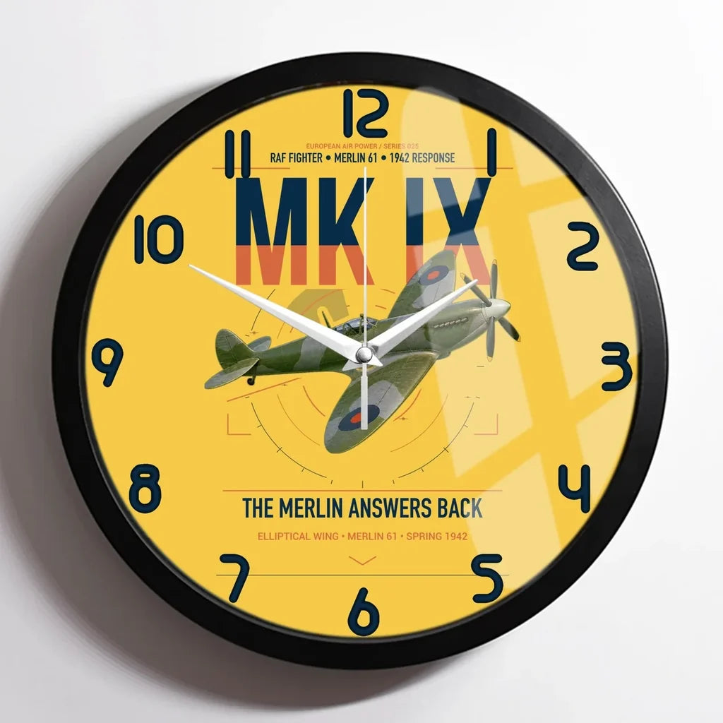 Supermarine Spitfire Mk IX design on yellow framed wall clock