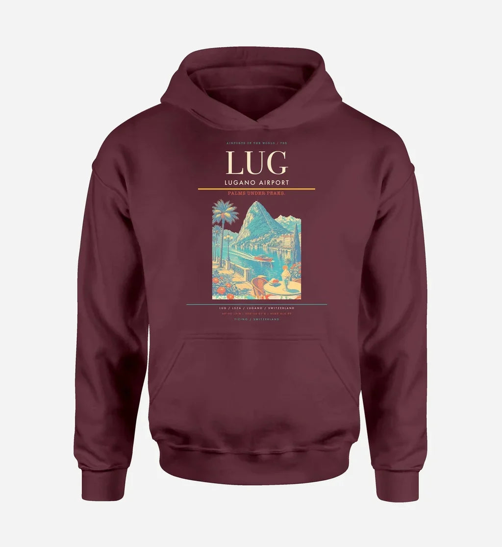 Lugano Airport (LUG) design on dark red hoodie single-side print