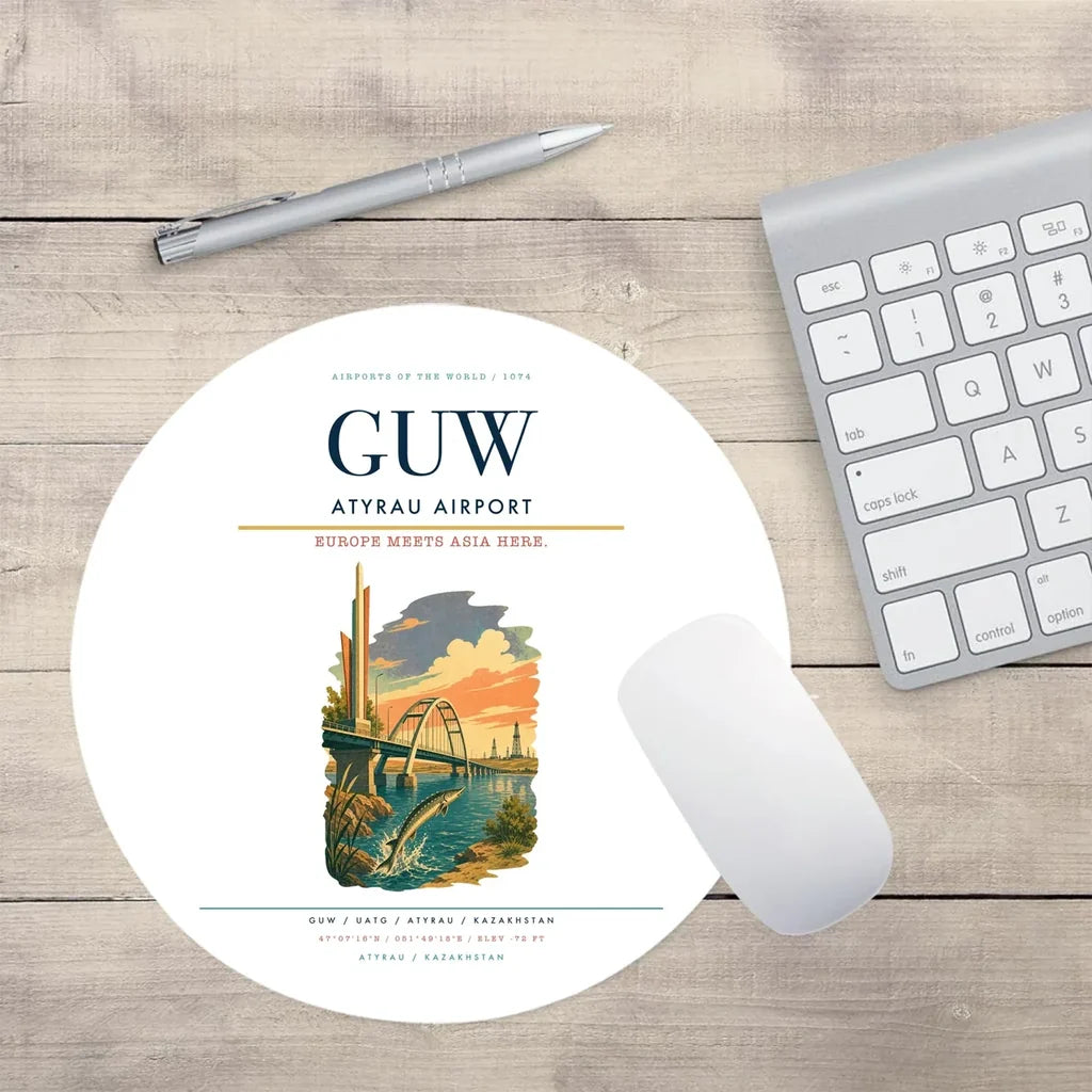 Atyrau Airport (GUW) design on white round mouse pad
