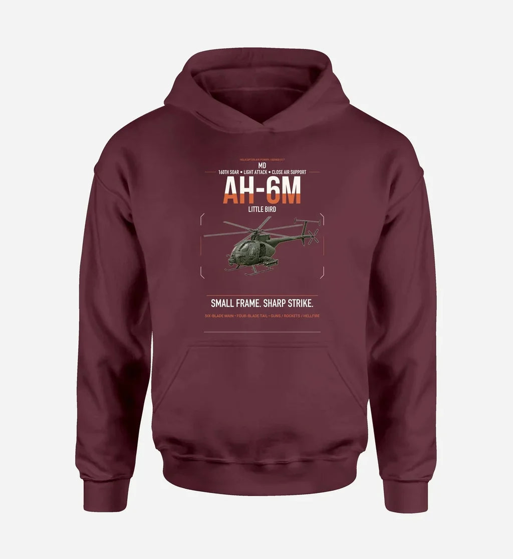 MD AH-6M Little Bird design on dark red double-side hoodie, single-side print