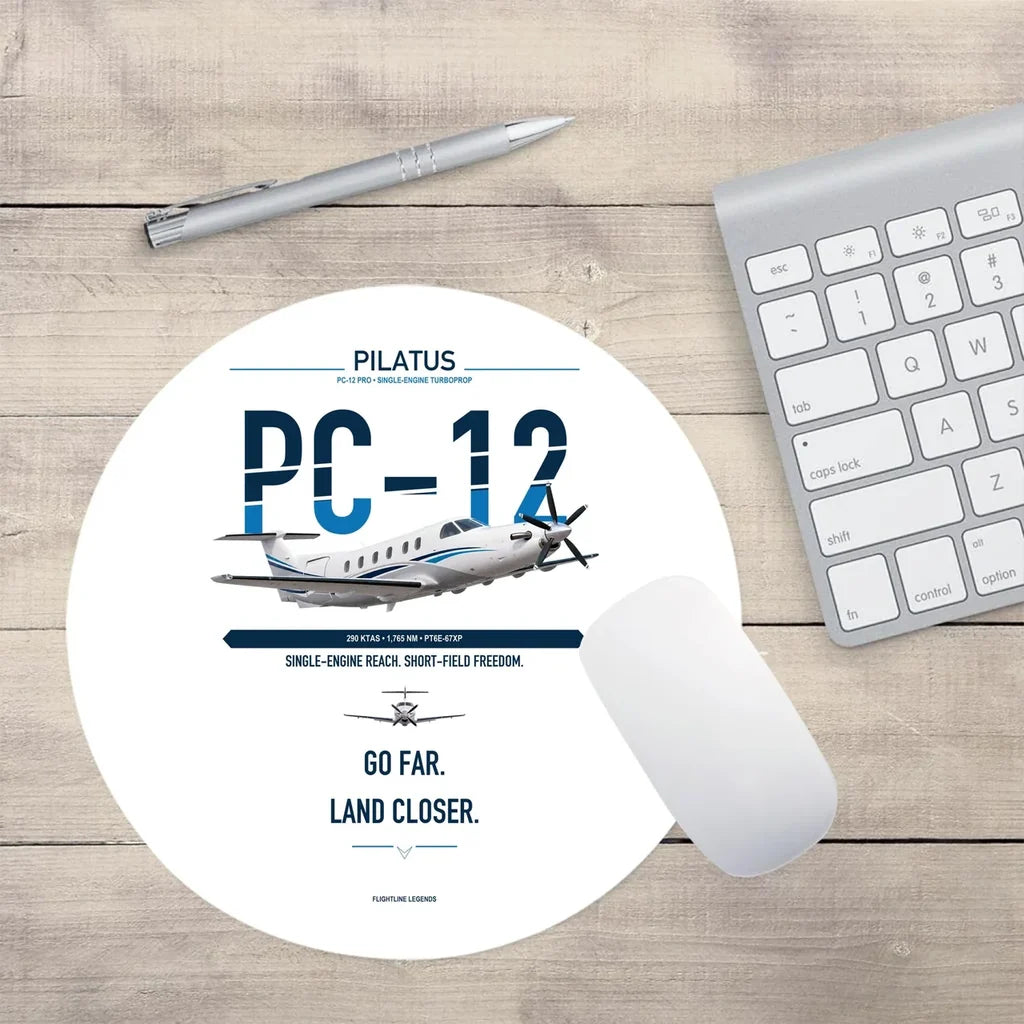 Pilatus PC-12 PRO design on white round mouse pad