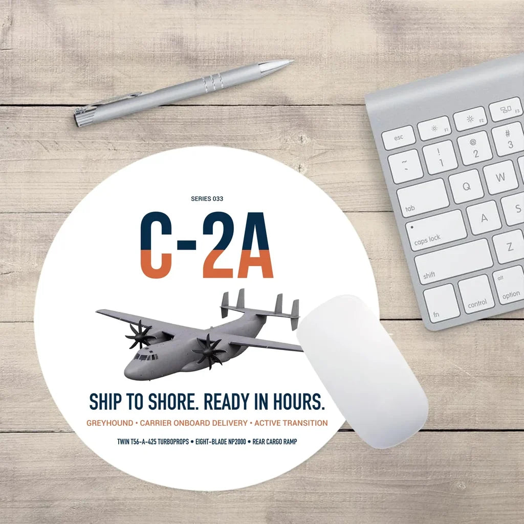 C-2A Greyhound design on white round mouse pad