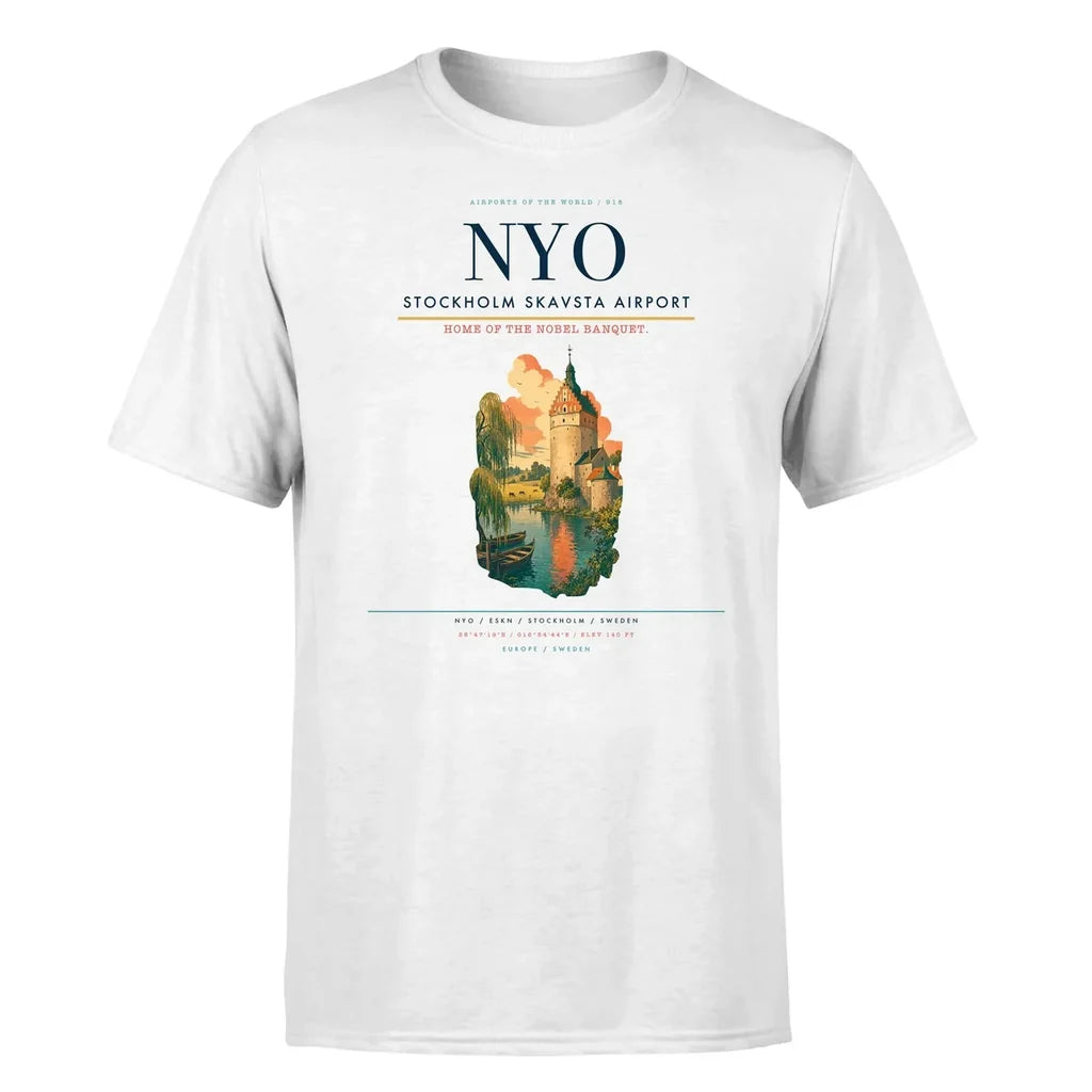 Stockholm Skavsta Airport (NYO) T-Shirt single-side front print in White | stockholm-skavsta-airport-nyo-double-side-t-shirt