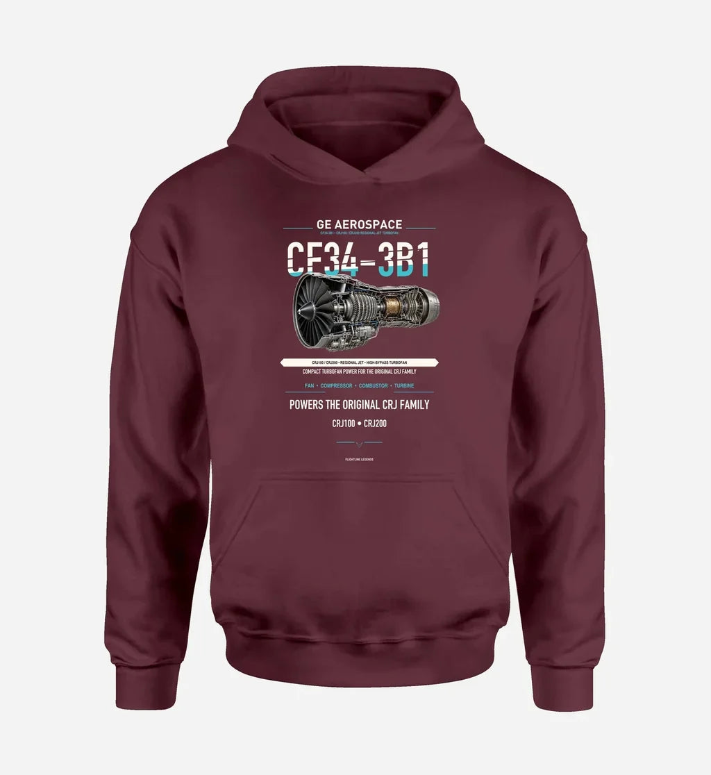 CF34-3B1 design on dark red hoodie single side