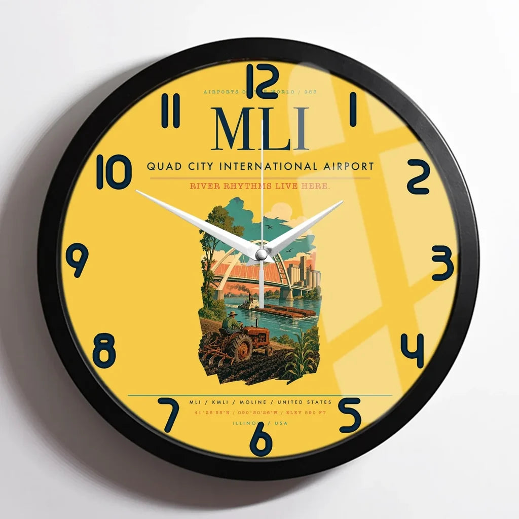 Quad City International Airport (MLI) design on yellow framed wall clock