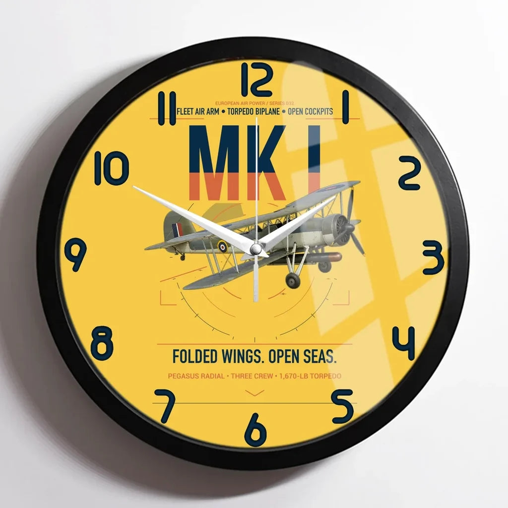 Fairey Swordfish Mk I design on yellow framed wall clock