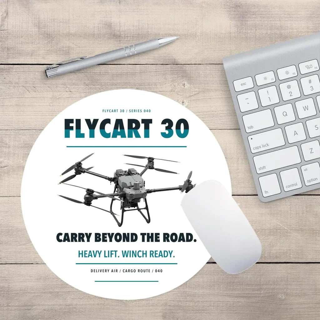 DJI FlyCart 30 design on white round mouse pad
