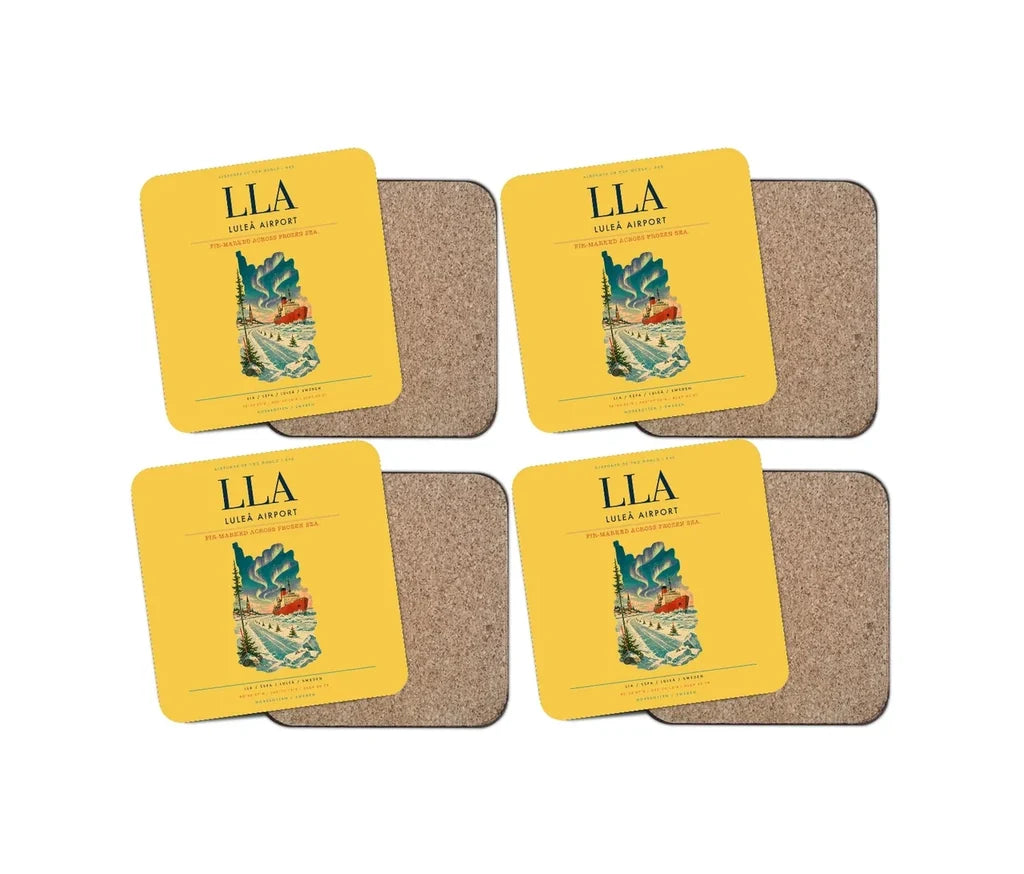 Luleå Airport (LLA) design on yellow 4 pieces set coaster