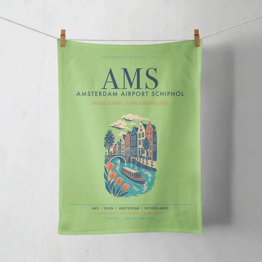 Amsterdam Airport Schiphol (AMS) design on light green towel