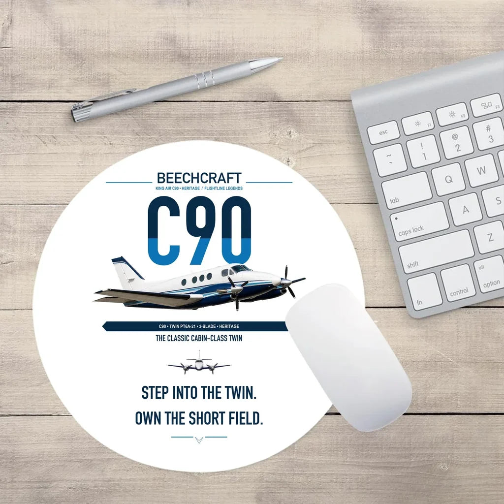 Beechcraft King Air C90 design on white round mouse pad