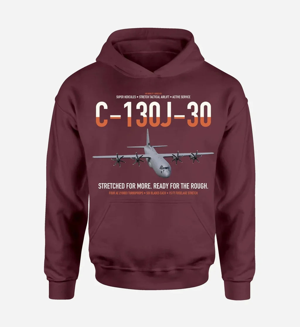 C-130J-30 Super Hercules design on dark red double-side hoodie, single-side print