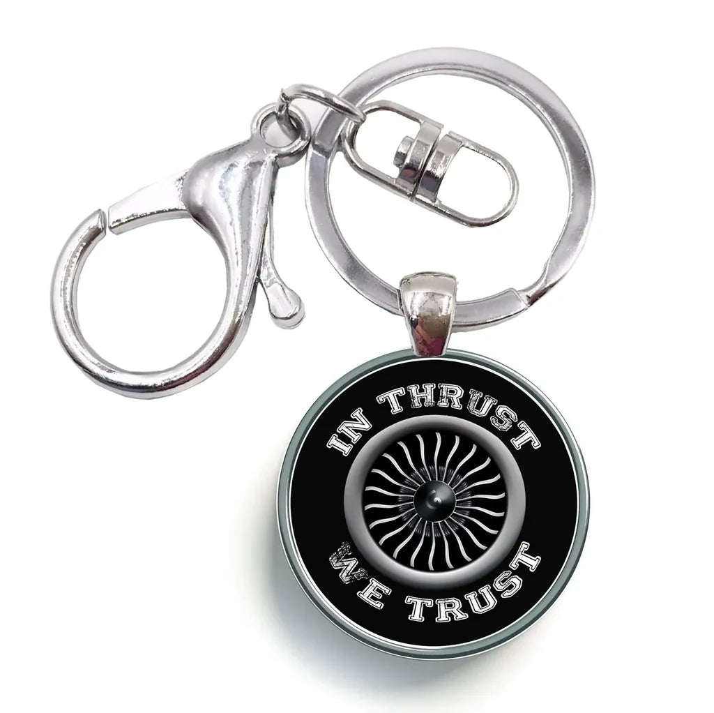 In Thrust We Trust (Vol 2) aviation circle key chain, stainless-steel disc.