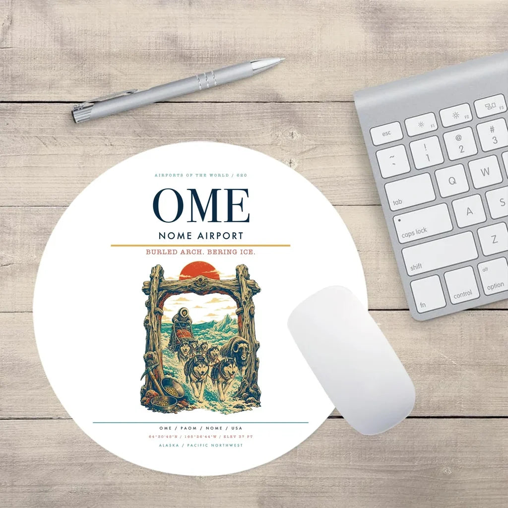 Nome Airport (OME) design on white round mouse pad