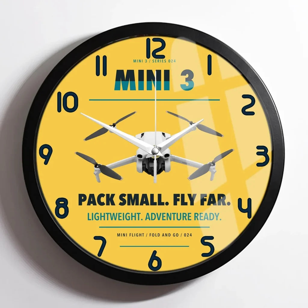 DJI Mini 3 design on yellow framed wall clock
