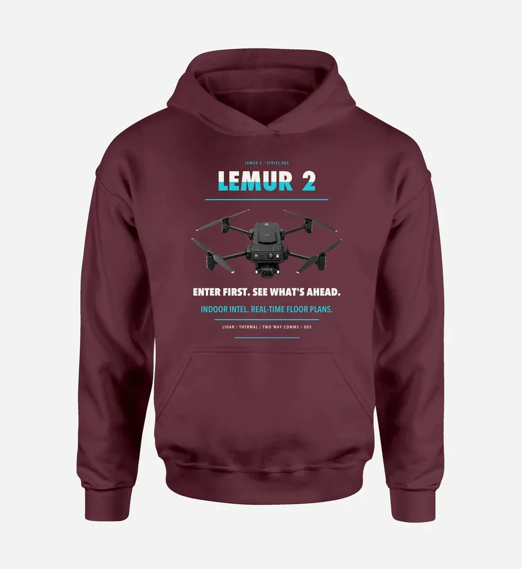 BRINC LEMUR 2 design on dark red hoodie single side