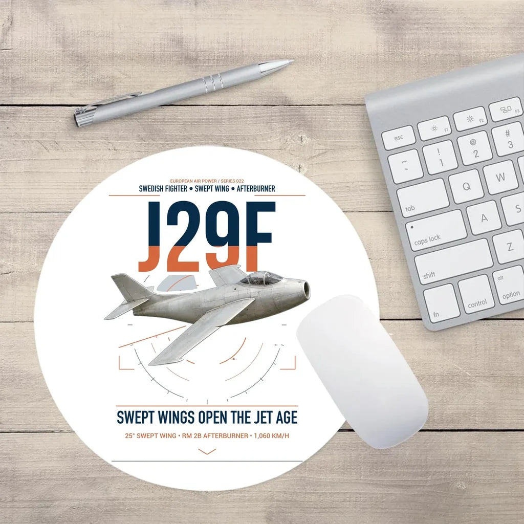Saab J 29F Tunnan design on white round mouse pad
