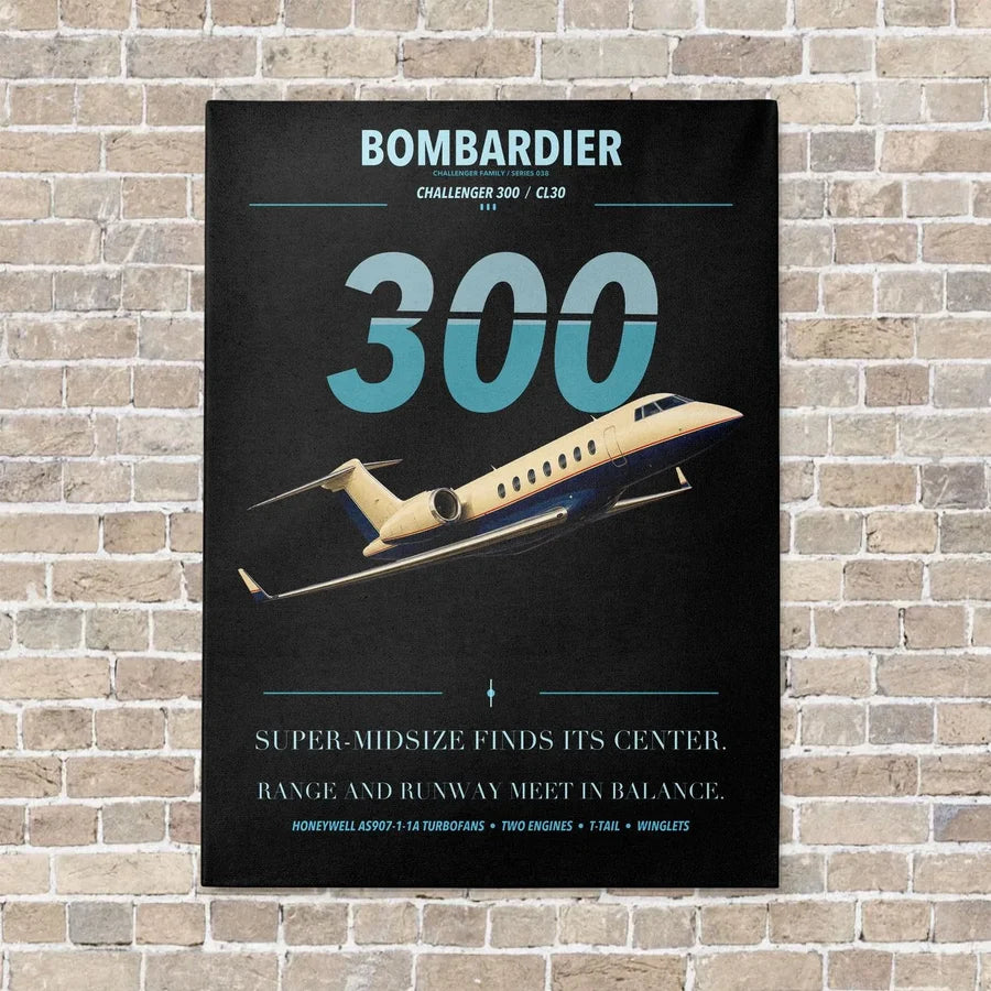 Bombardier Challenger 300 vertical canvas print - no frame - black background