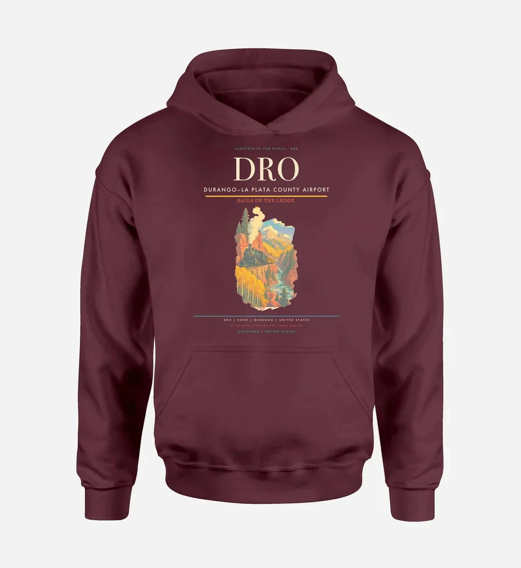 Durango–La Plata County Airport (DRO) design on dark red hoodie single-side print