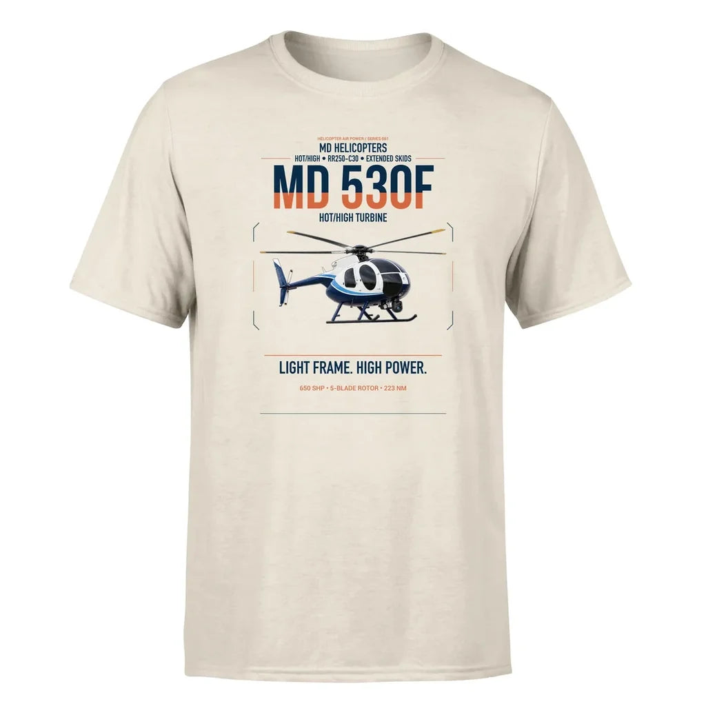 MD Helicopters MD 530F design on beige t-shirt, single-side print