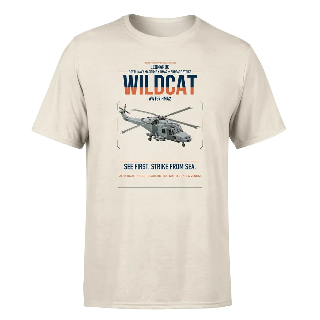 Leonardo AW159 Wildcat HMA2 design on beige t-shirt, single-side print