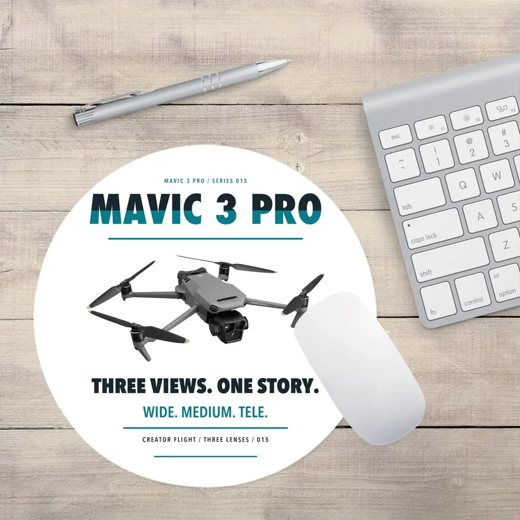 DJI Mavic 3 Pro design on white round mouse pad