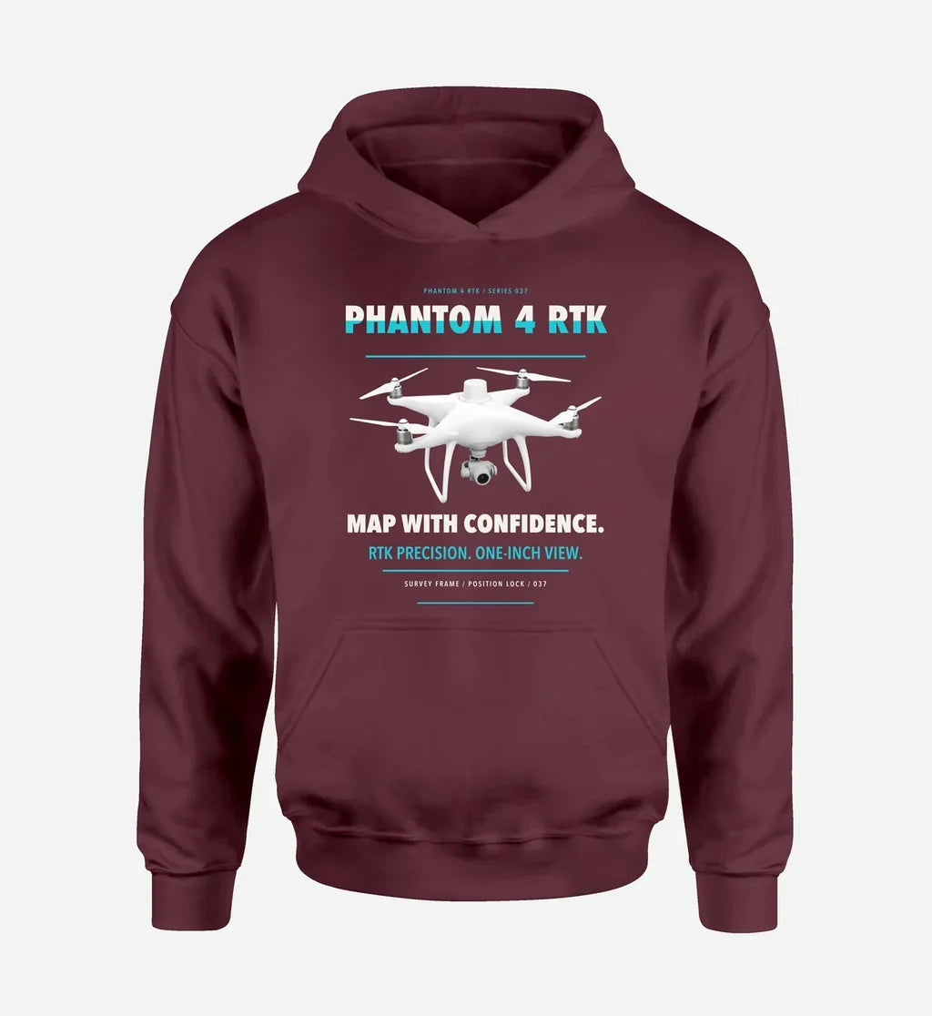 DJI Phantom 4 RTK design on dark red hoodie single side