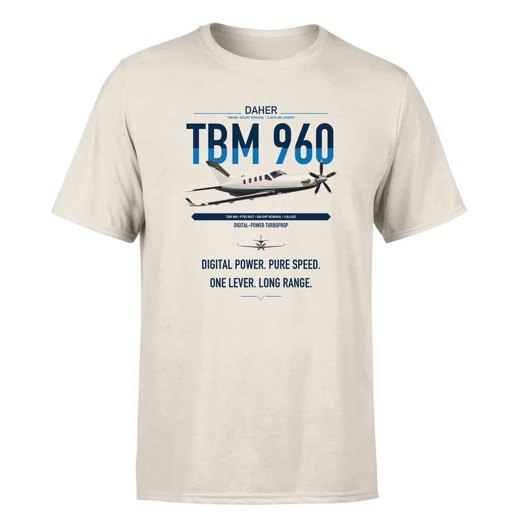 Daher TBM 960 design on beige t-shirt, single-side print