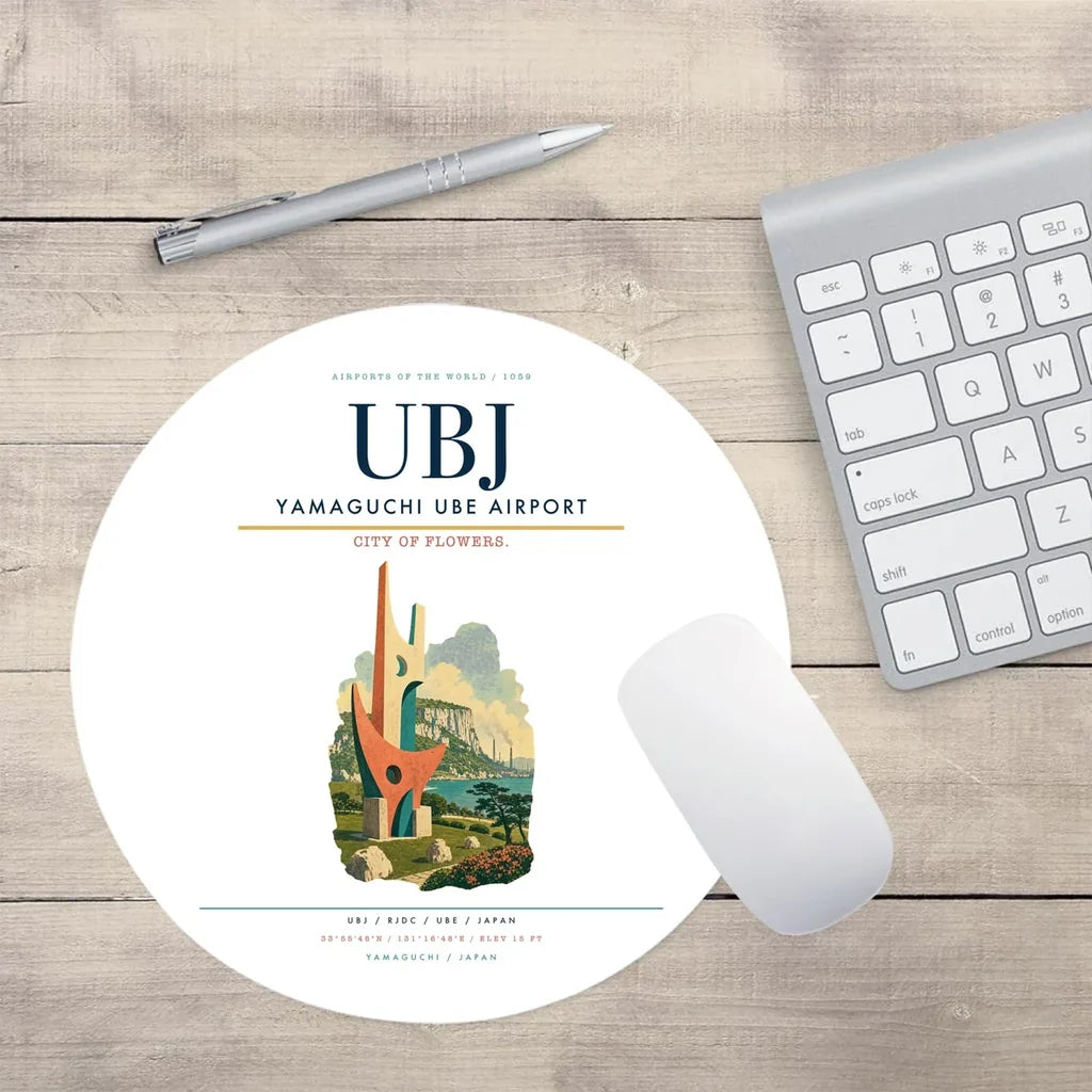 Yamaguchi Ube Airport (UBJ) design on white round mouse pad