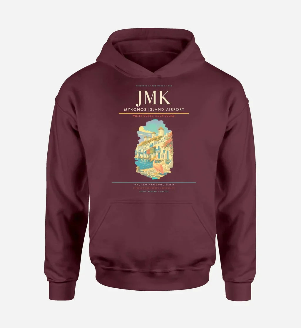 Mykonos Island Airport (JMK) design on dark red hoodie single-side print
