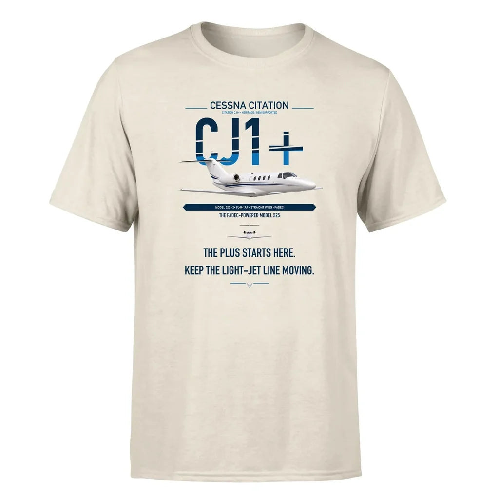 Cessna Citation CJ1+ design on beige double-side t-shirt, single-side print
