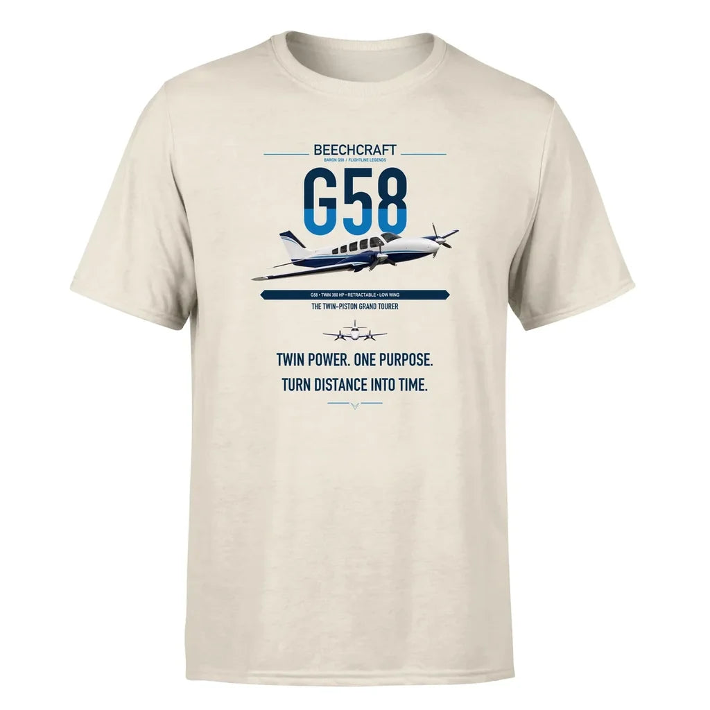 Beechcraft Baron G58 design on beige t-shirt, single-side print