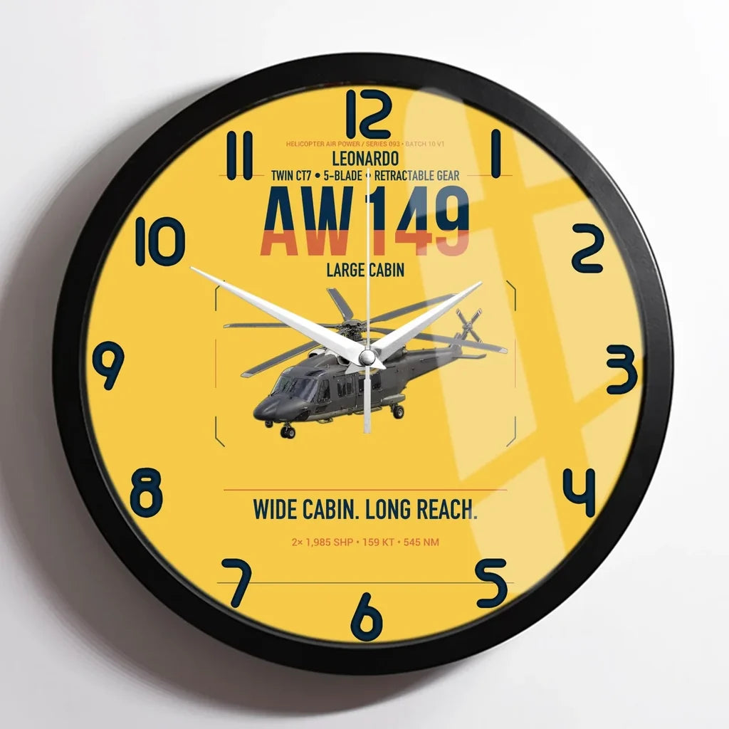 Leonardo AW149 design on yellow framed wall clock