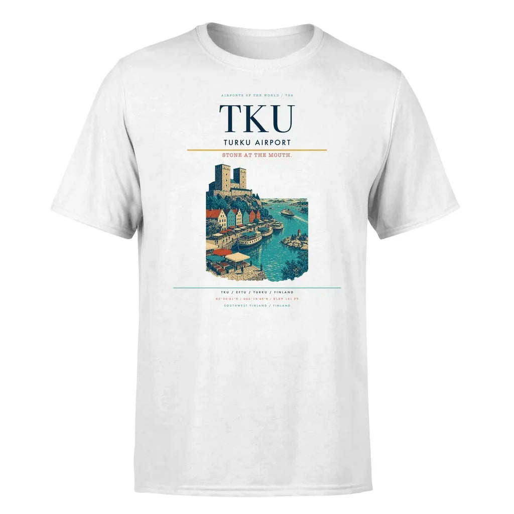 Turku Airport (TKU) T-Shirt single-side front print in White | turku-airport-tku-double-side-t-shirt