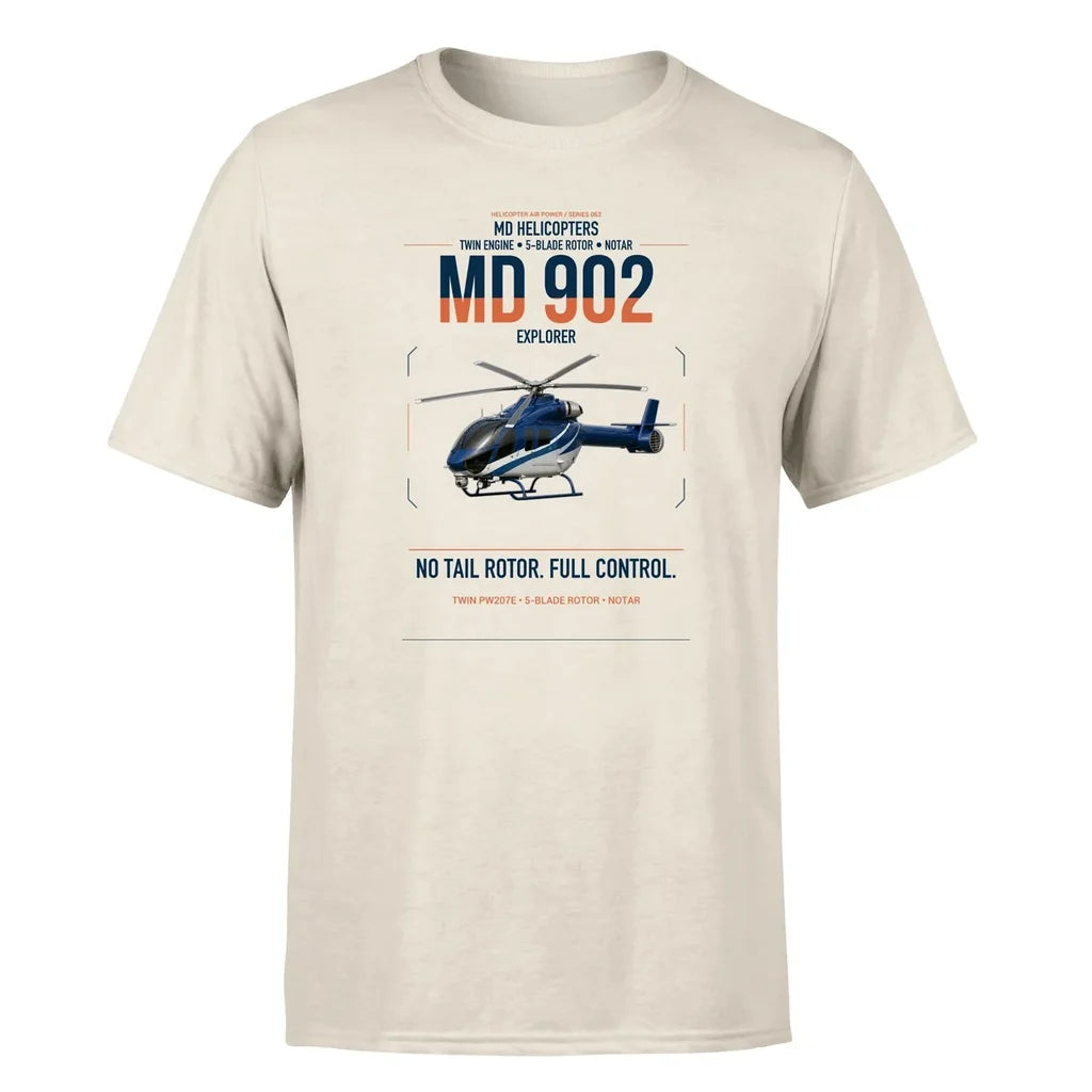 MD Helicopters MD 902 Explorer design on beige t-shirt, single-side print
