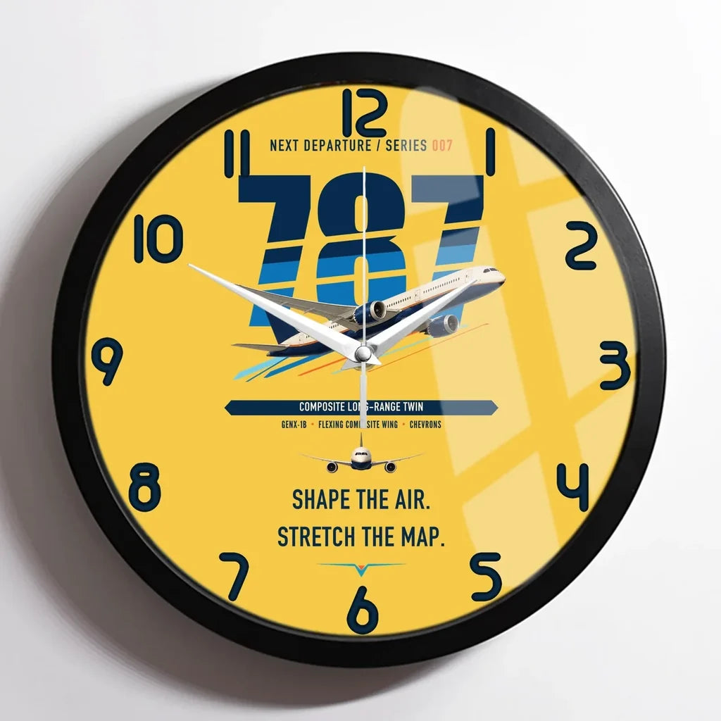 Boeing 787-9 Dreamliner design on yellow framed wall clock