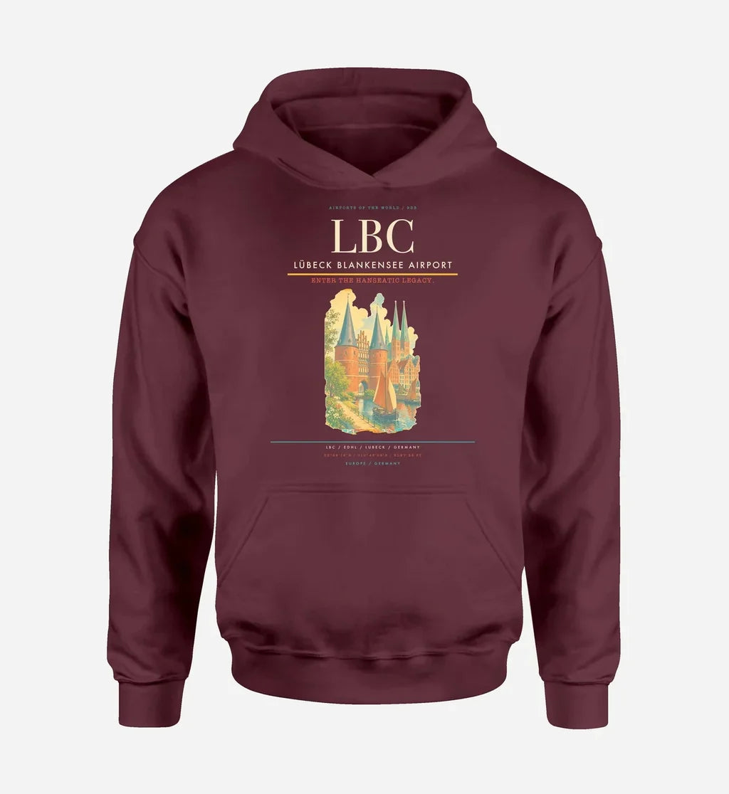 Lübeck Blankensee Airport (LBC) design on dark red hoodie single-side print