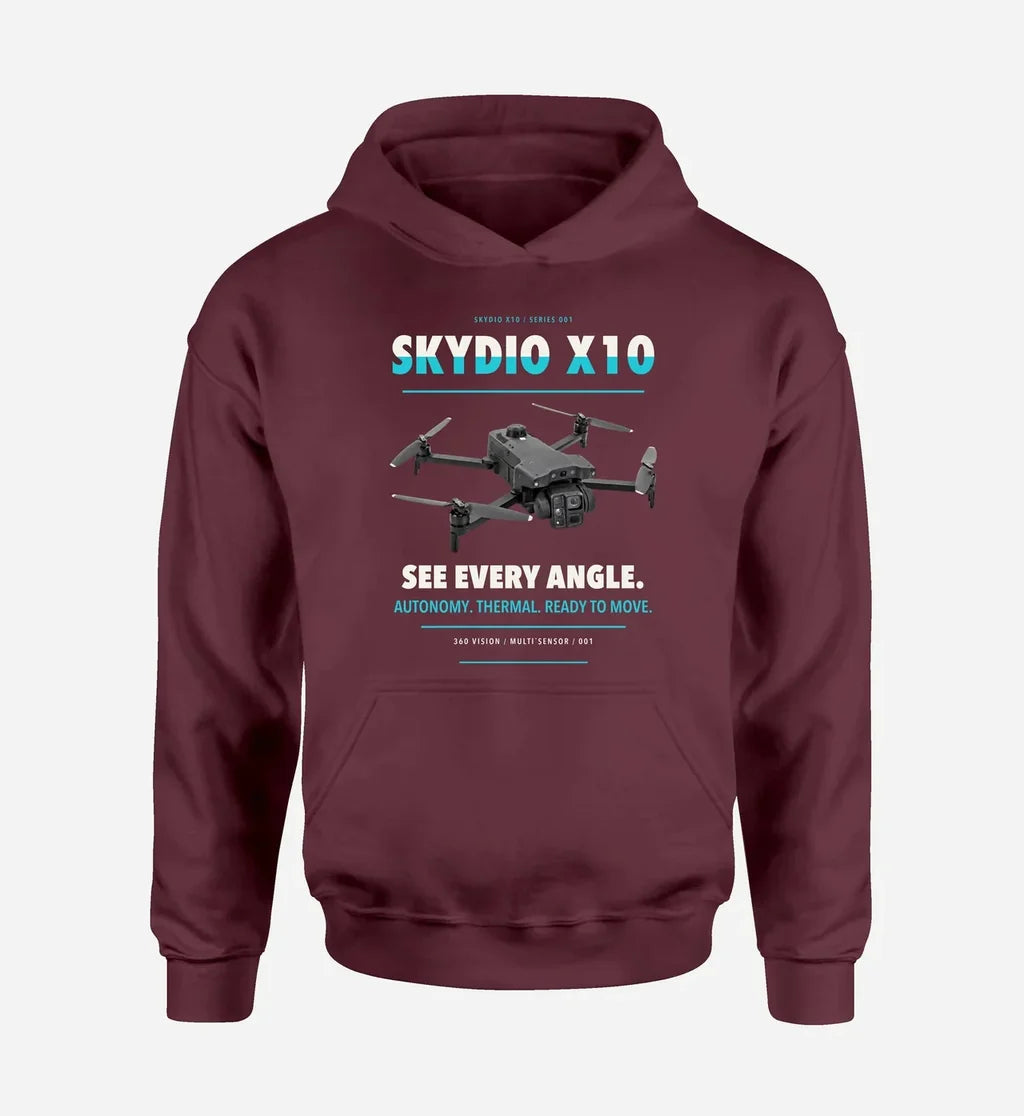 Skydio X10 design on dark red hoodie single side