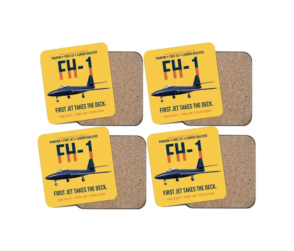 FH-1 Phantom First Jet Takes the Deck design on yellow 4 pieces set coaster