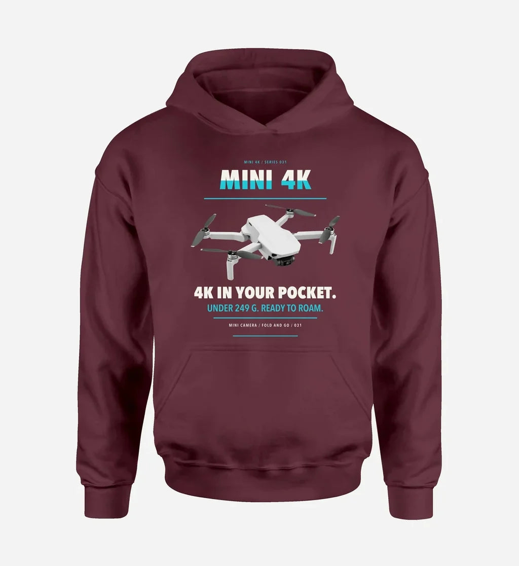 DJI Mini 4K design on dark red hoodie single side