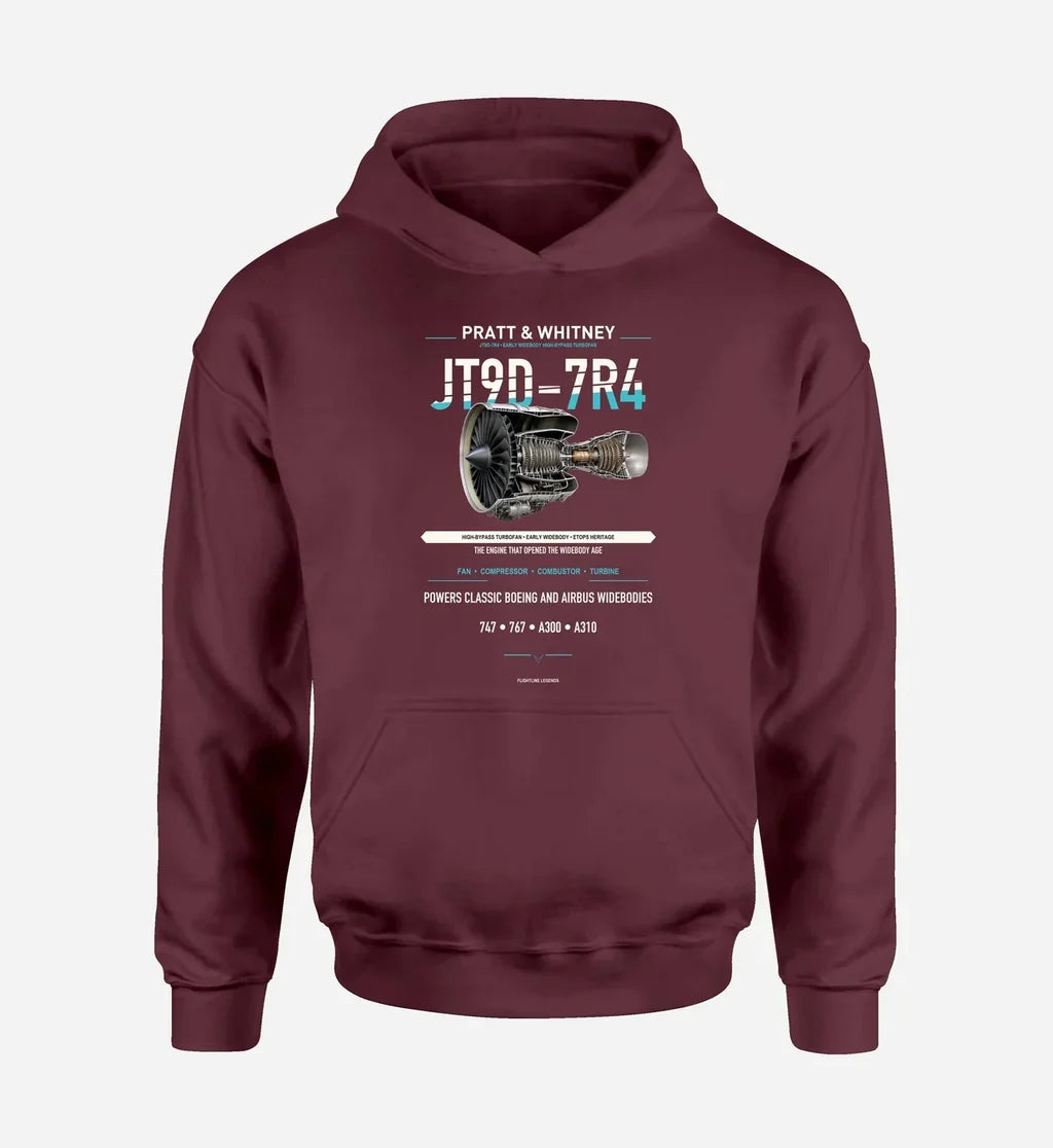 JT9D-7R4 design on dark red hoodie single side