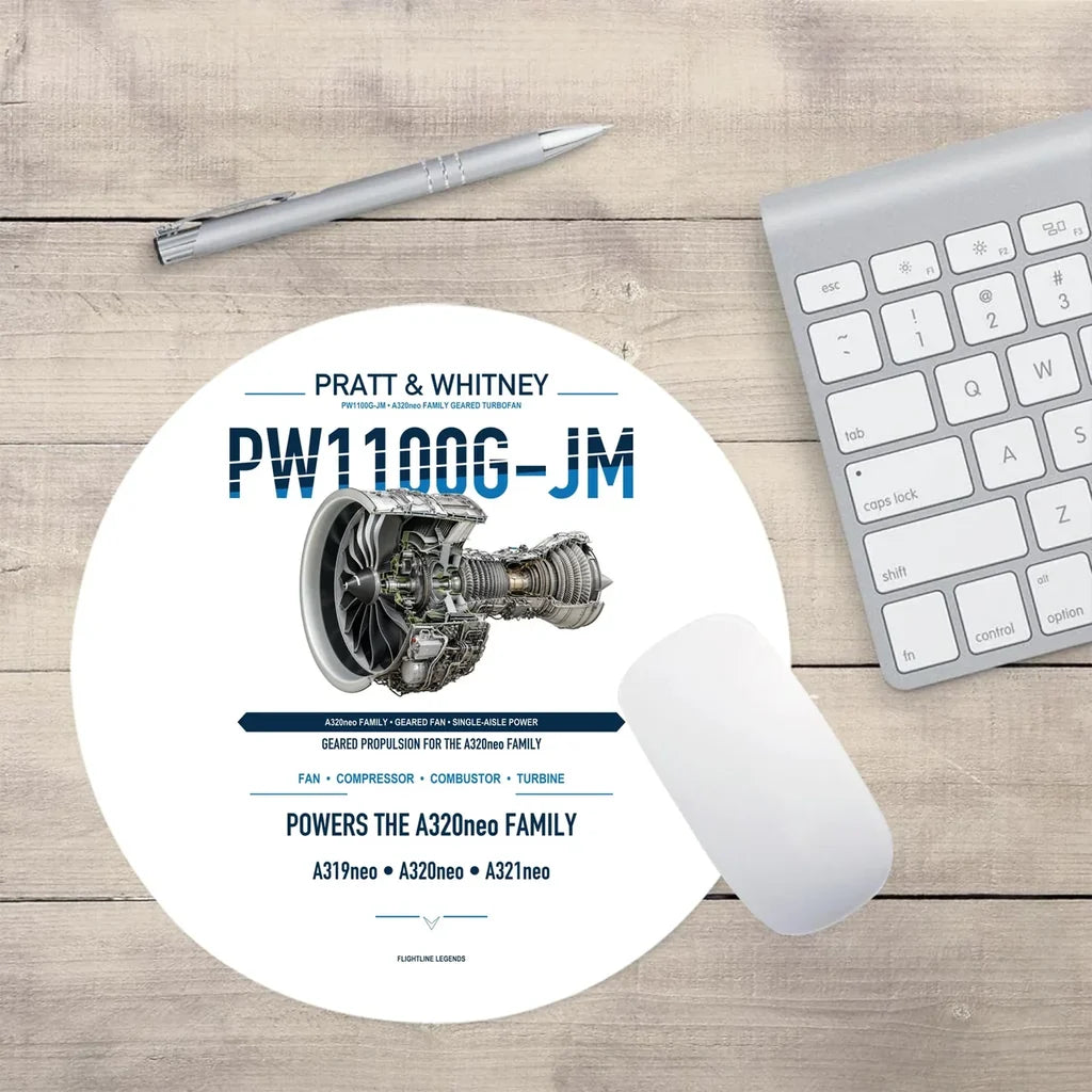 PW1100G-JM design on white round mouse pad