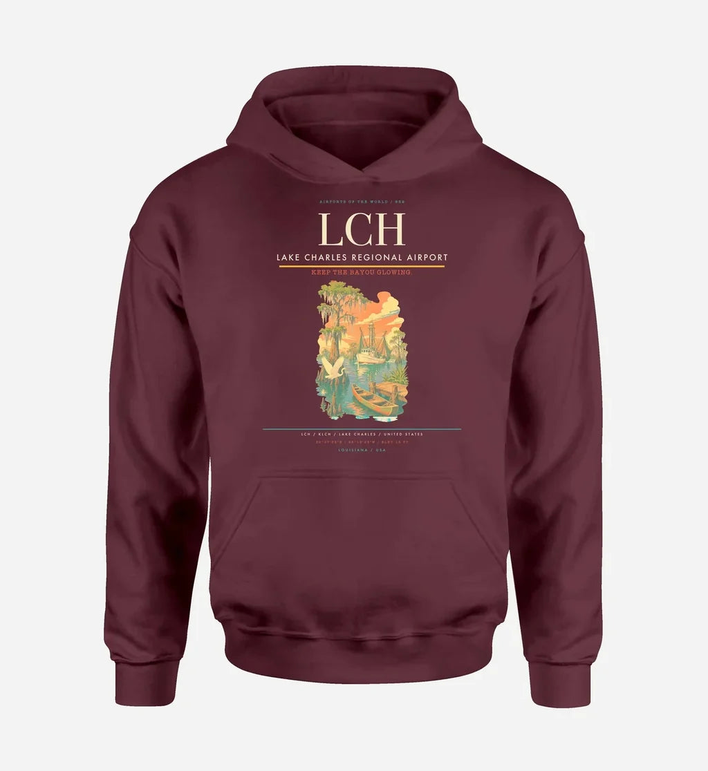 Lake Charles Regional Airport (LCH) design on dark red hoodie single-side print