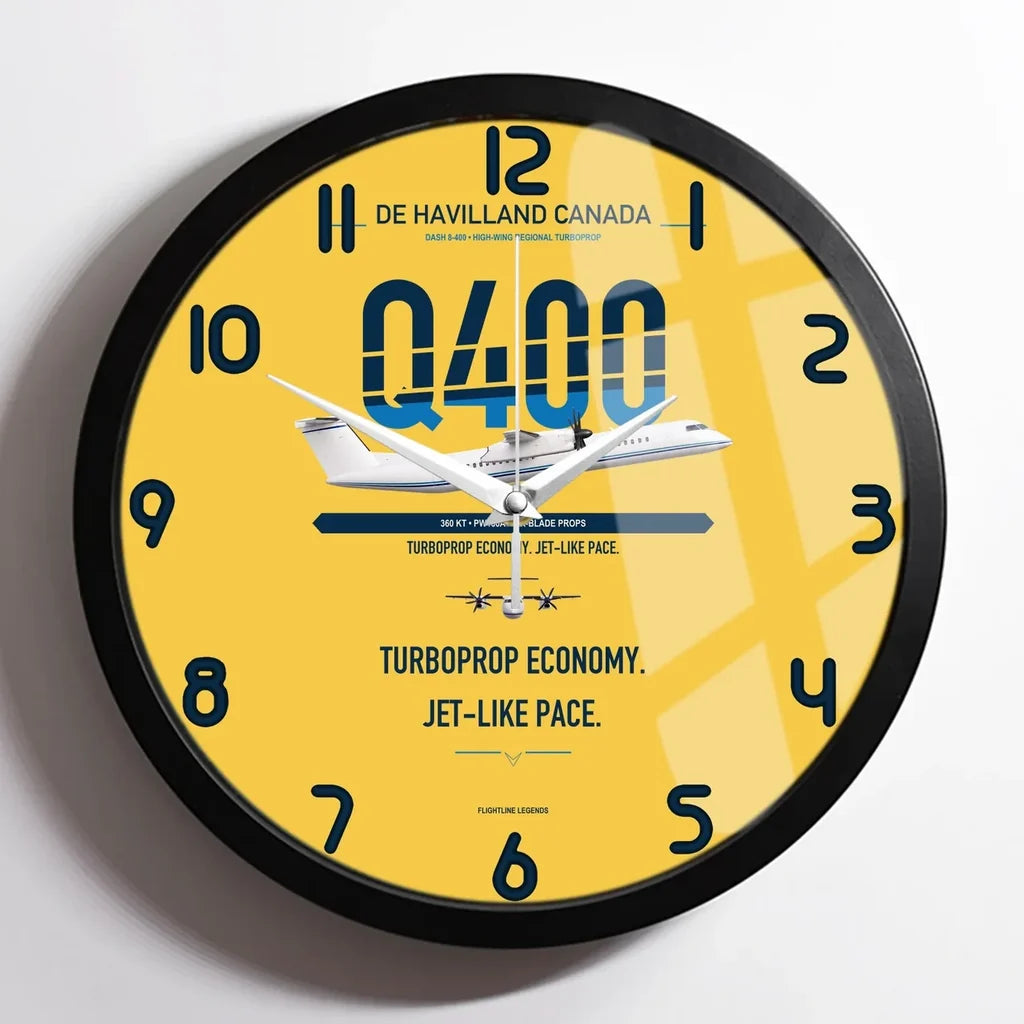 De Havilland Dash 8-400 design on yellow framed wall clock