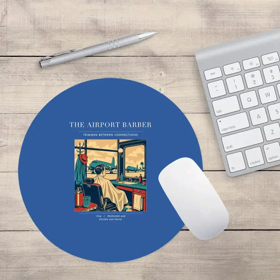 VINTAGE G4377 - The Airport Barber - Designed Mouse Pads design on blue round