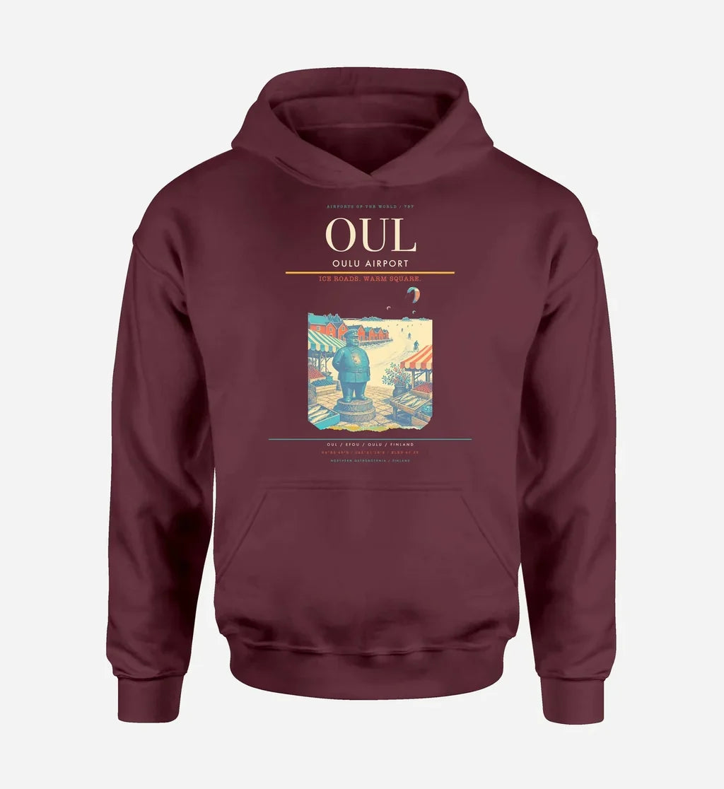 Oulu Airport (OUL) design on dark red hoodie single-side print