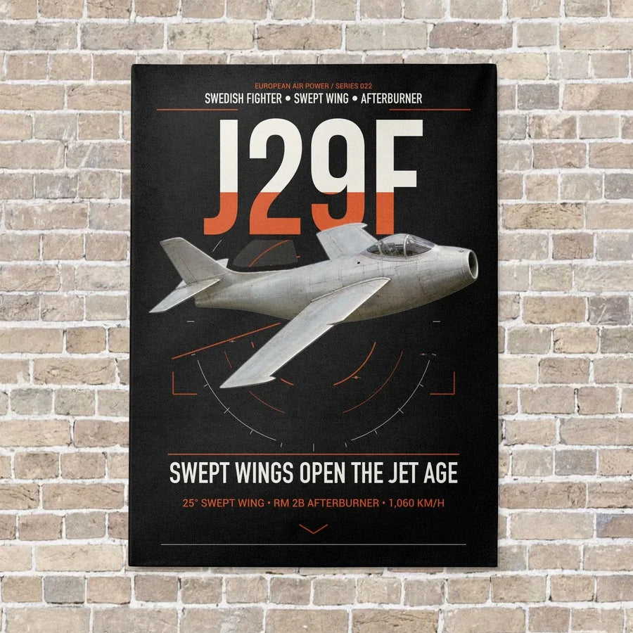 Saab J 29F Tunnan vertical canvas print - no frame - black background