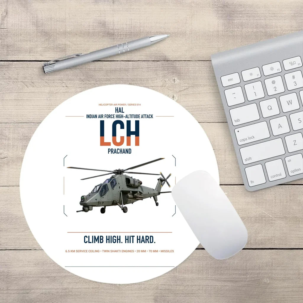 HAL LCH Prachand design on white round mouse pad